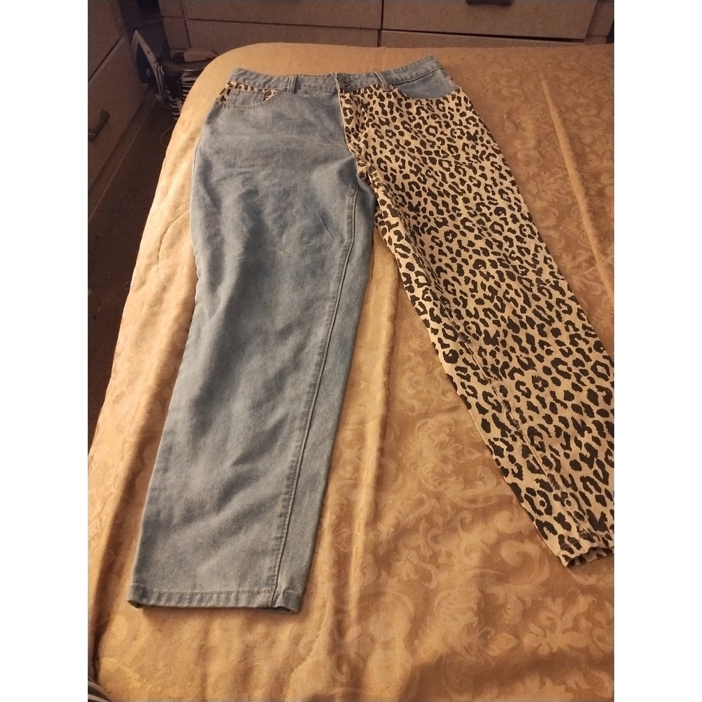 SHEIN Women's Two Tone Leopard Print Denim Jogger Pants Pockets Plus 0XL